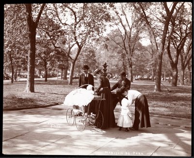 Hombres y mujeres con niños en una fuente de agua potable en Madison Square Park, Nueva York, 1898 (impresión de gelatina de plata) de Byron Company